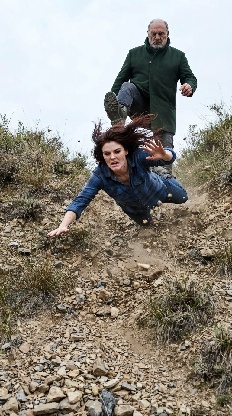Alden's boot catches Rhea's knee and she pitches down the bank.