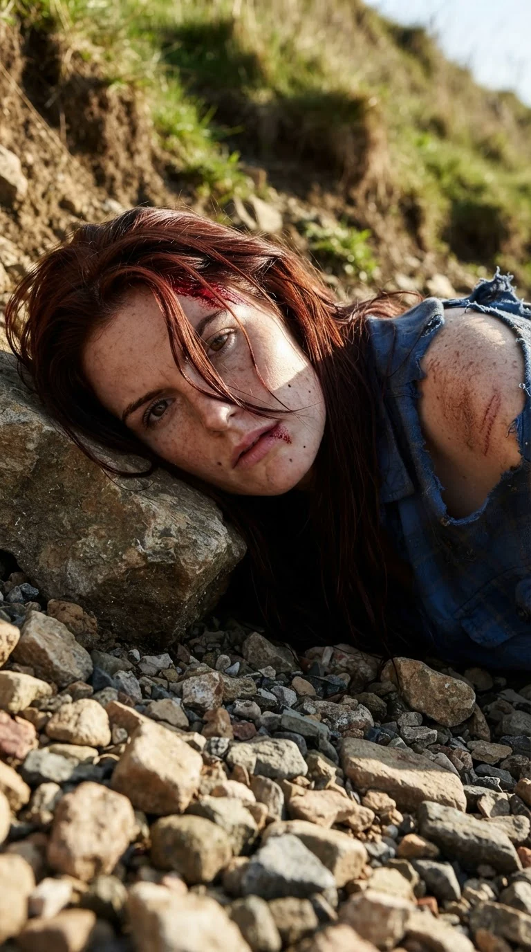 Rhea lies at the bottom of the bank, cheek against the stones, blood on her face.