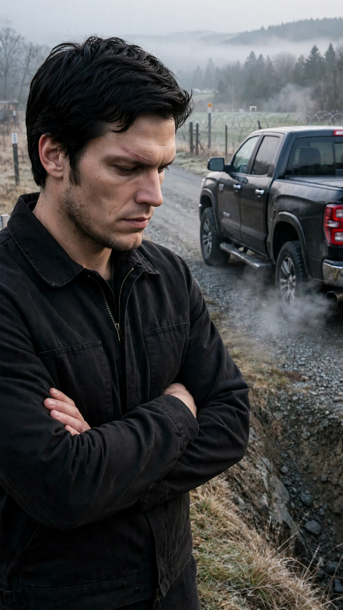 A black truck idles at the border, Kael standing beside it with his arms crossed.