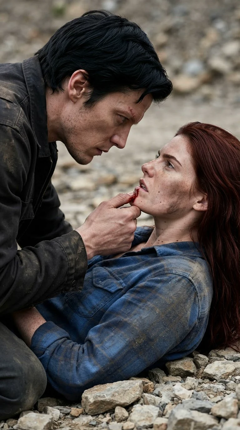 Kael crouches beside Rhea and wipes blood from her lip with his thumb.