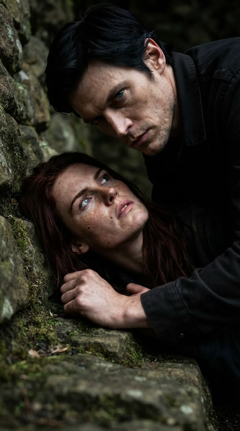 Kael leans over Rhea on the rocks, his shadow across her face.