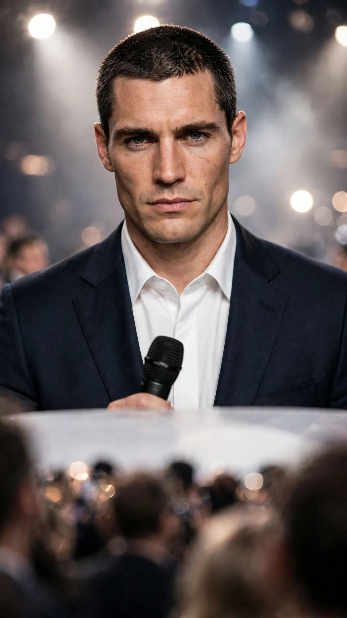 Roman steps into the runway lights holding a microphone.