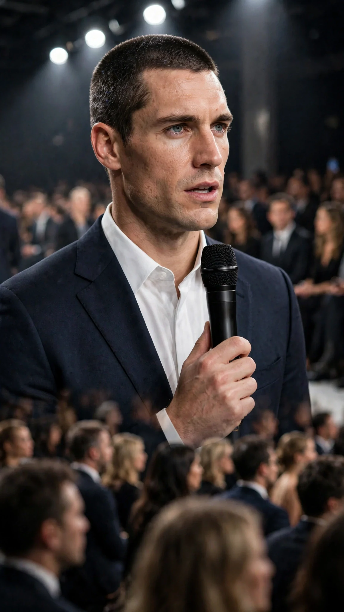 Roman speaks into the microphone as the audience listens.