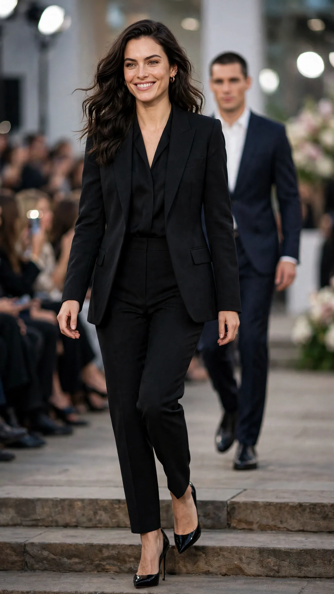 Sylvie descends the runway steps smiling.