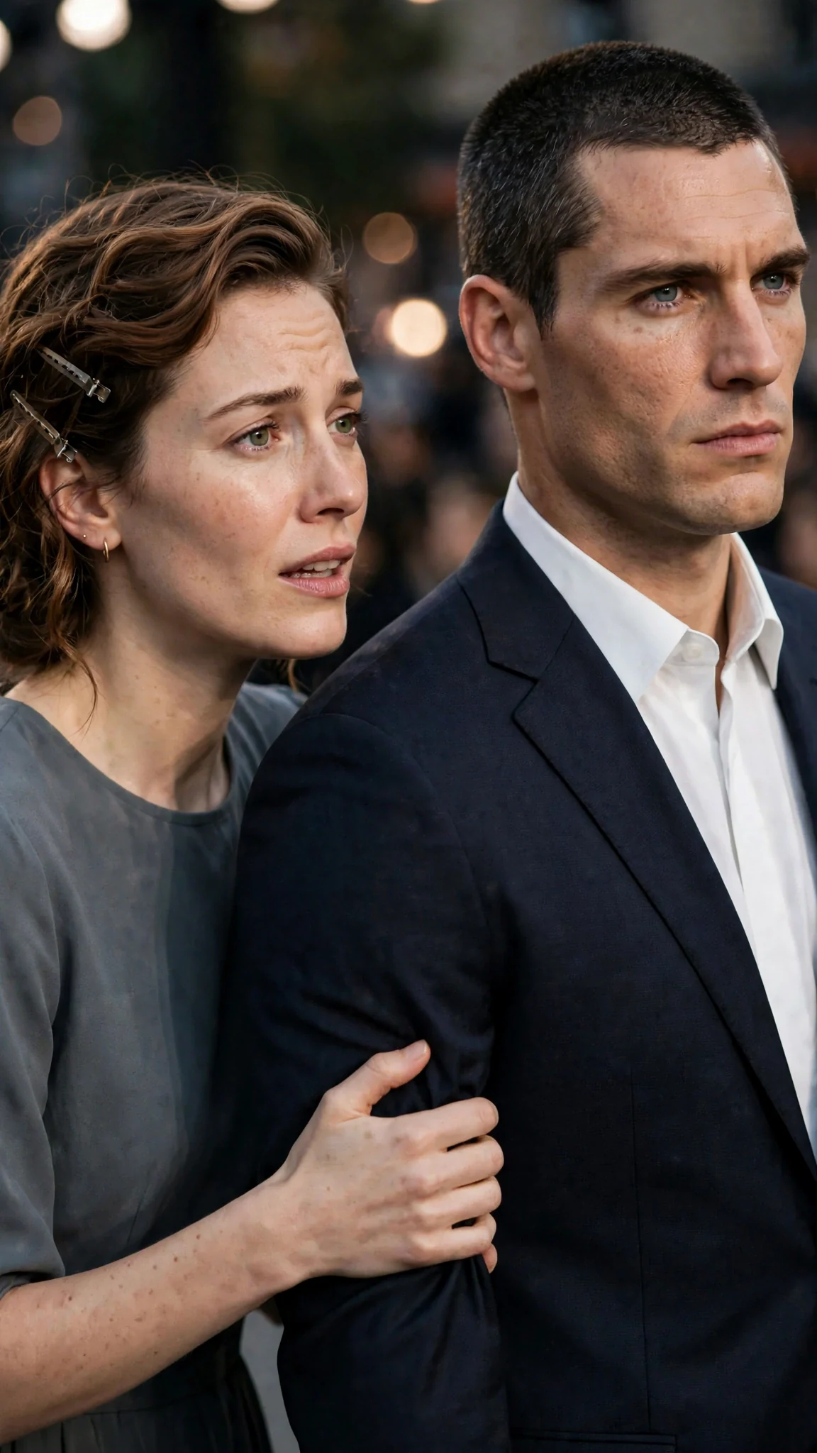 Calla reaches toward Roman's sleeve.