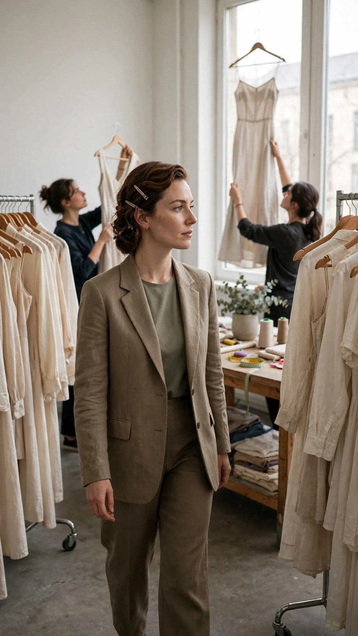 Calla walks between racks of her spring line while two assistants hurry to move a pale dress.