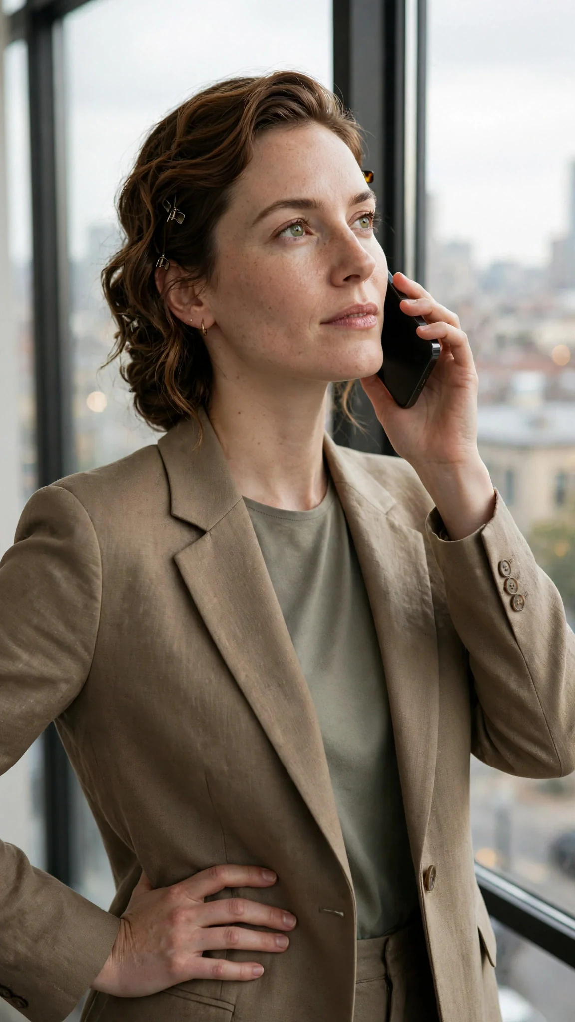 Calla takes a call by the window, one hand on her hip, her face cool and sure.