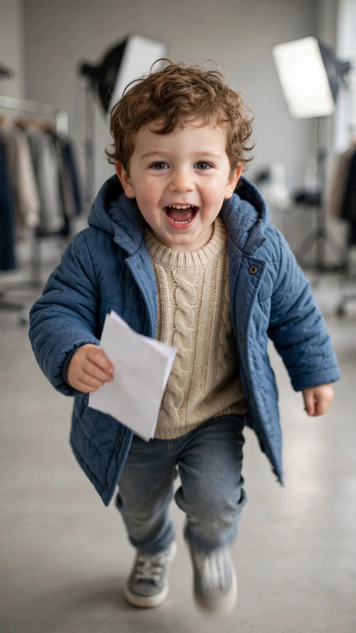 A small boy in a blue coat runs into the studio with a drawing in his hand.