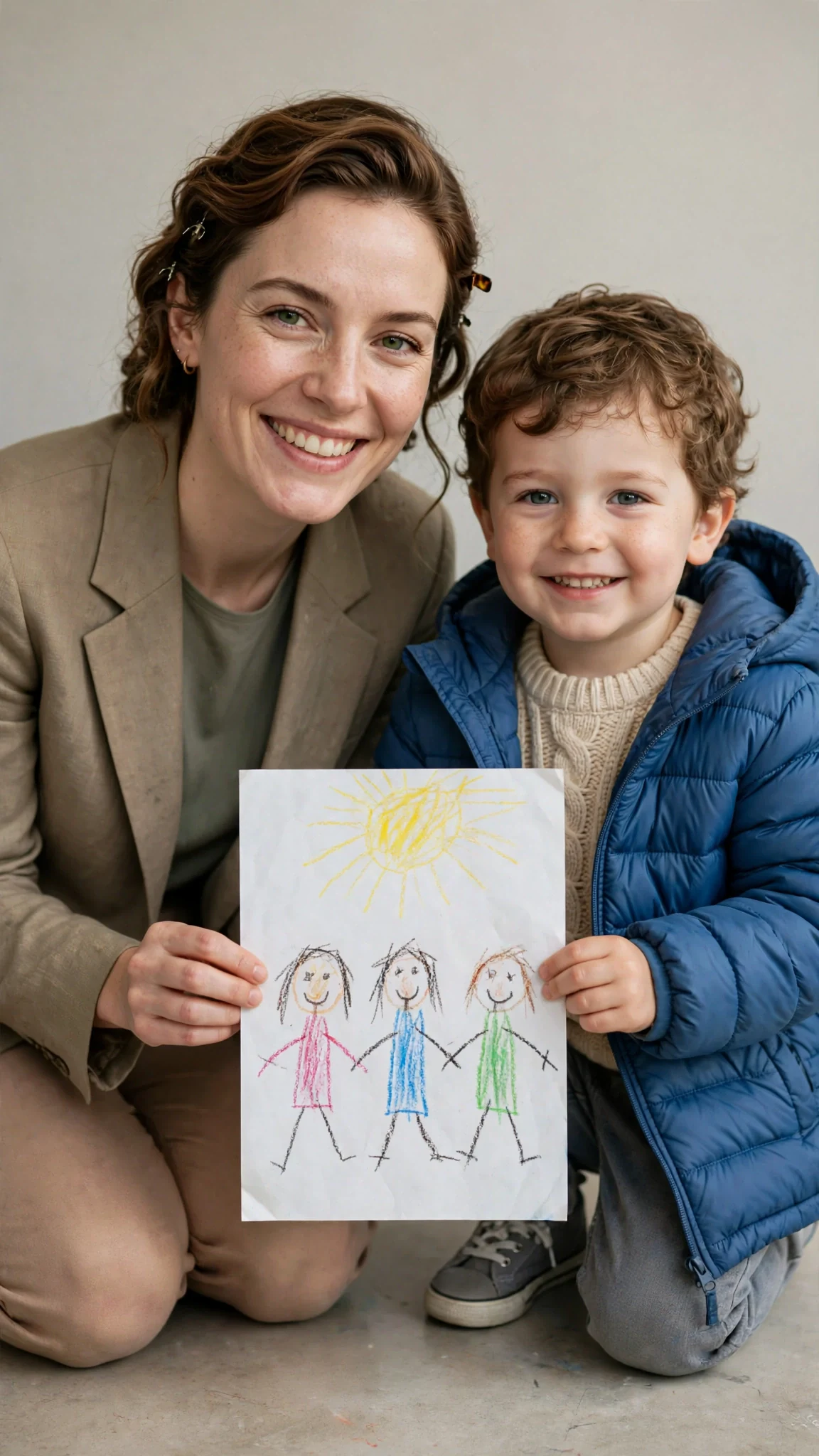 Calla kneels to Jamie's height and holds his crayon drawing like it is made of gold.
