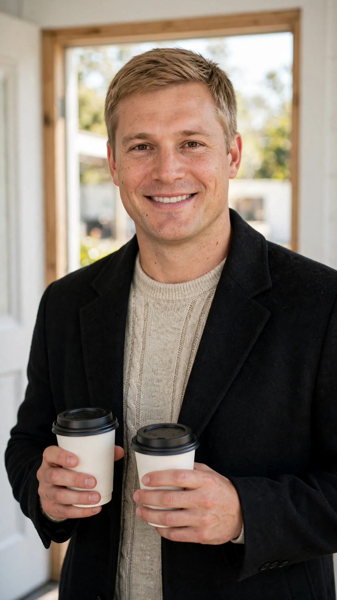 Emmett fills the studio doorway with two coffee cups and an easy smile.