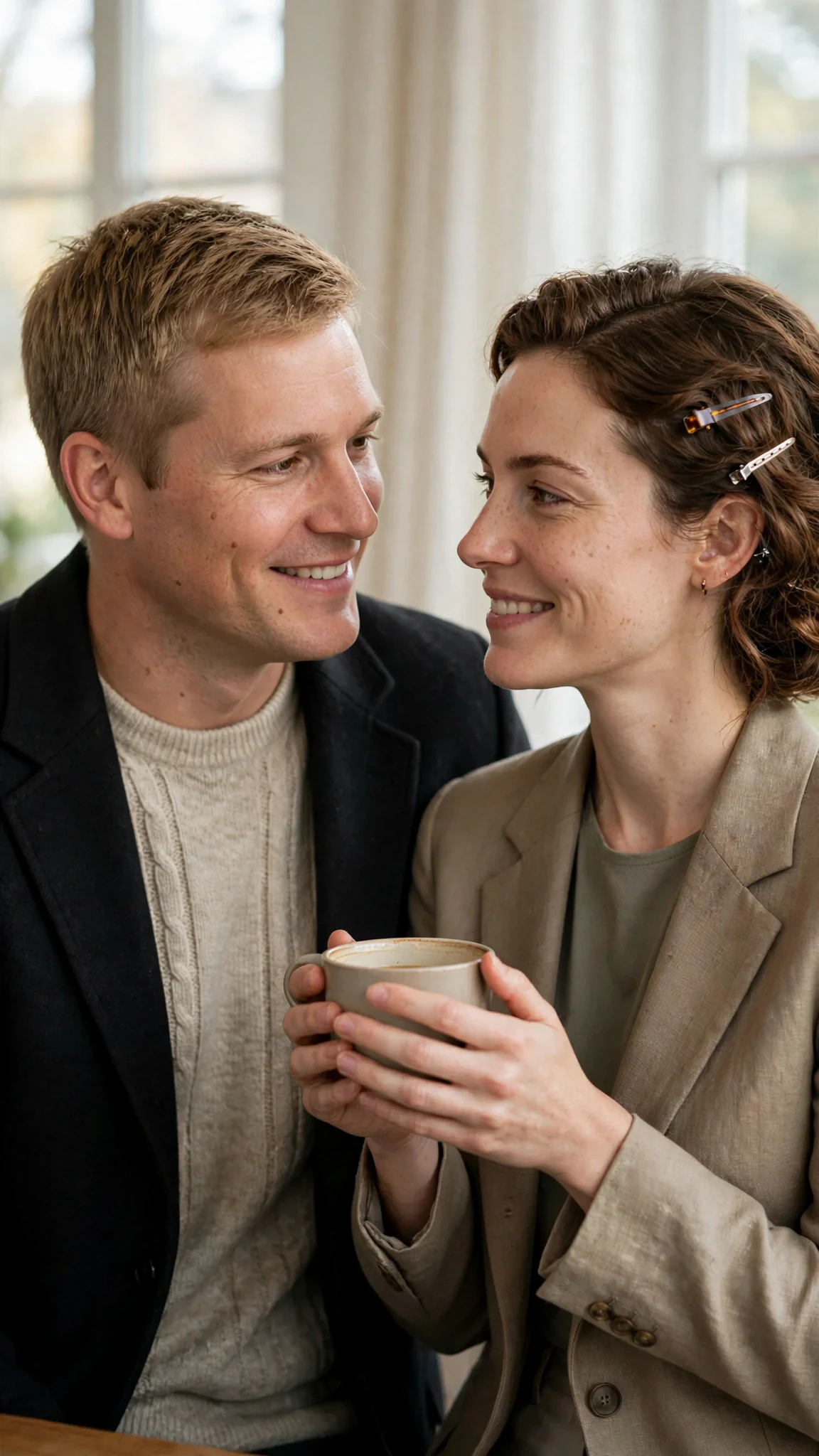 Emmett leans in hopeful by the window while Calla keeps a careful distance with her coffee.