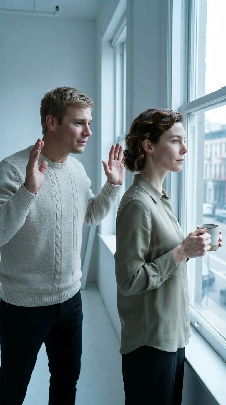 Emmett backs off with his hands raised, apologetic, while Calla stands stiff by the window.