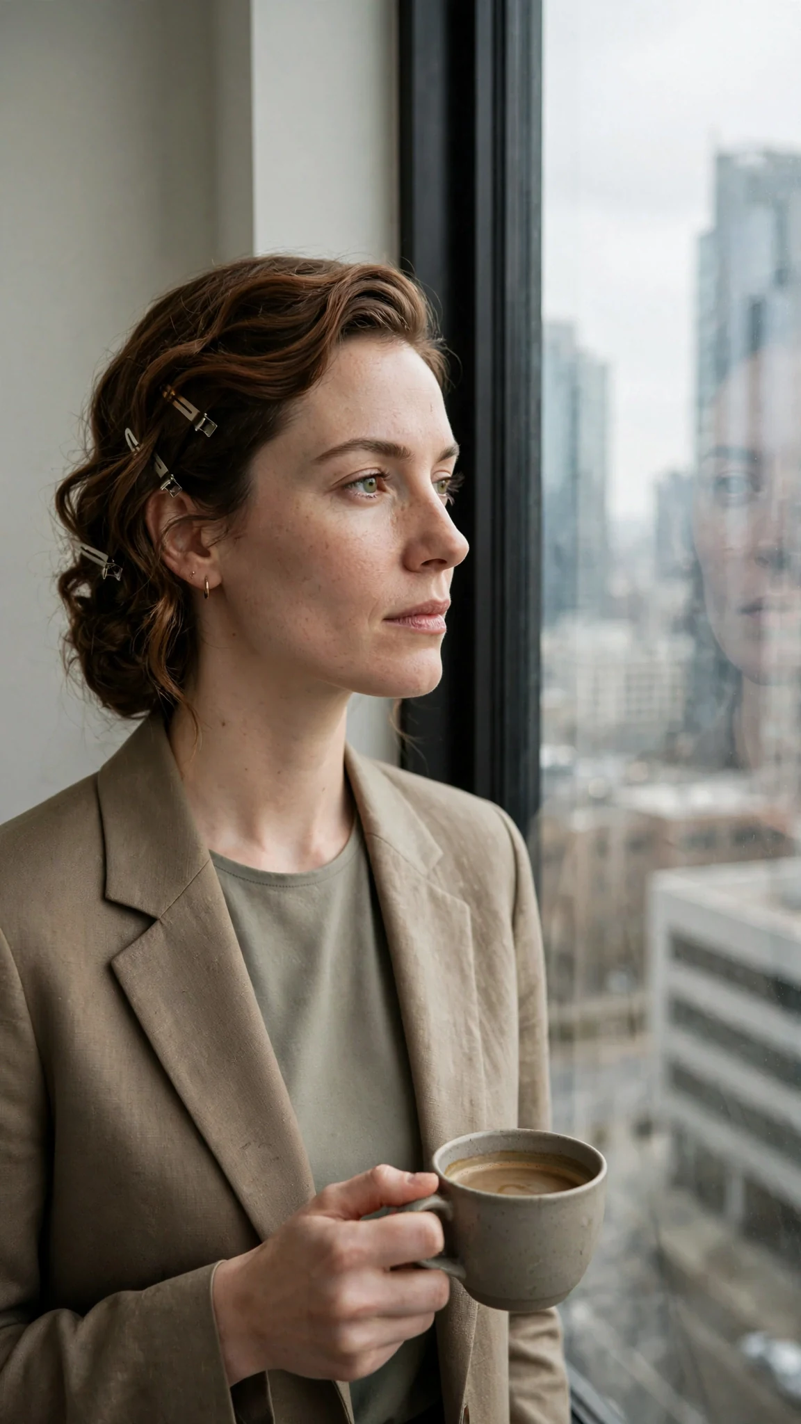 Calla stands alone by the tall window with a cold coffee, her face guarded.