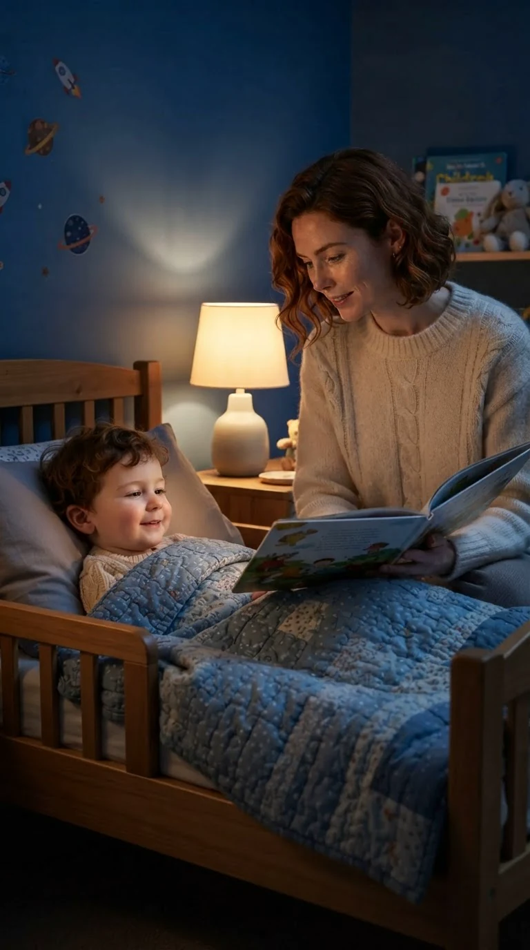 Calla reads to Jamie in his small blue bedroom under a warm lamp.