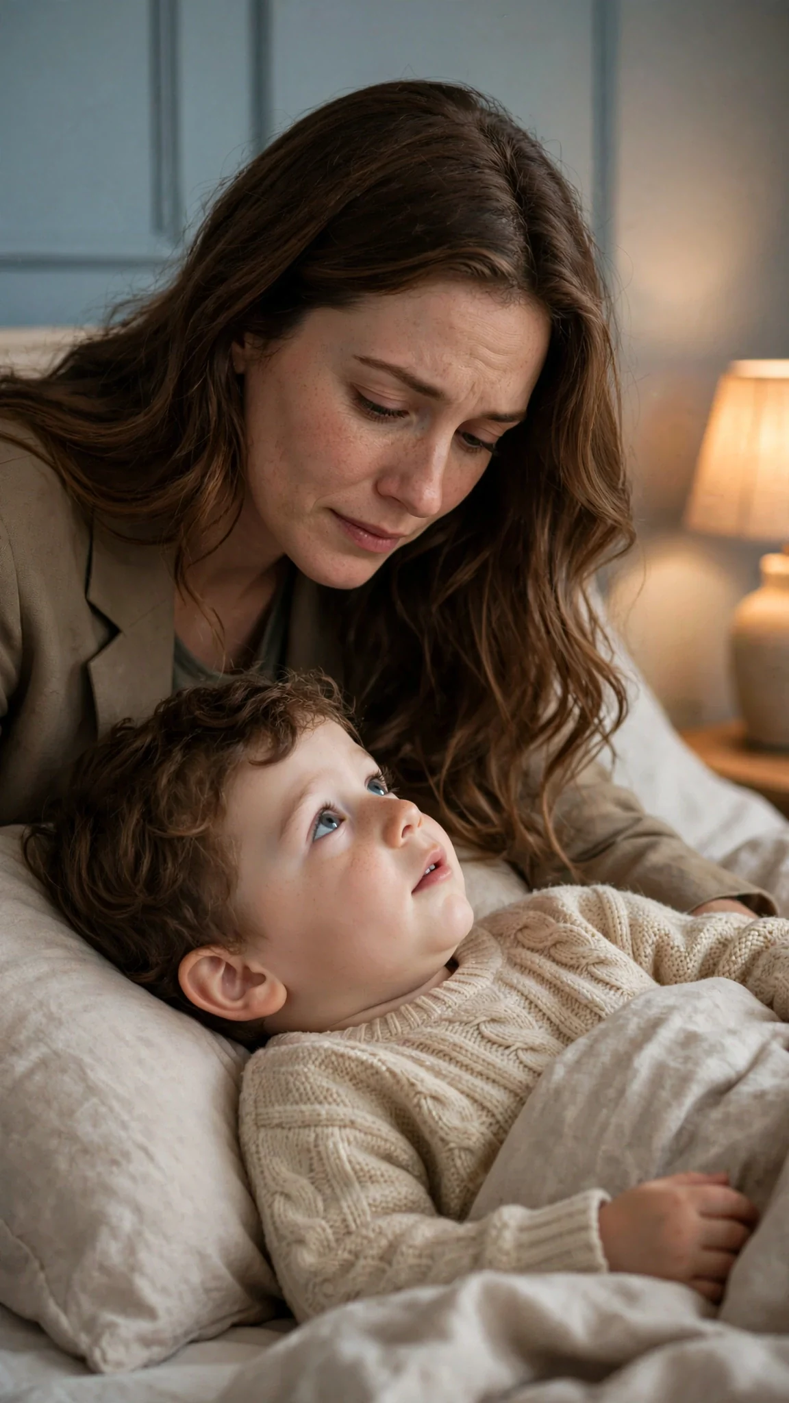 Jamie looks up at his mother, sleepy and curious, and her face hides a flicker of pain.