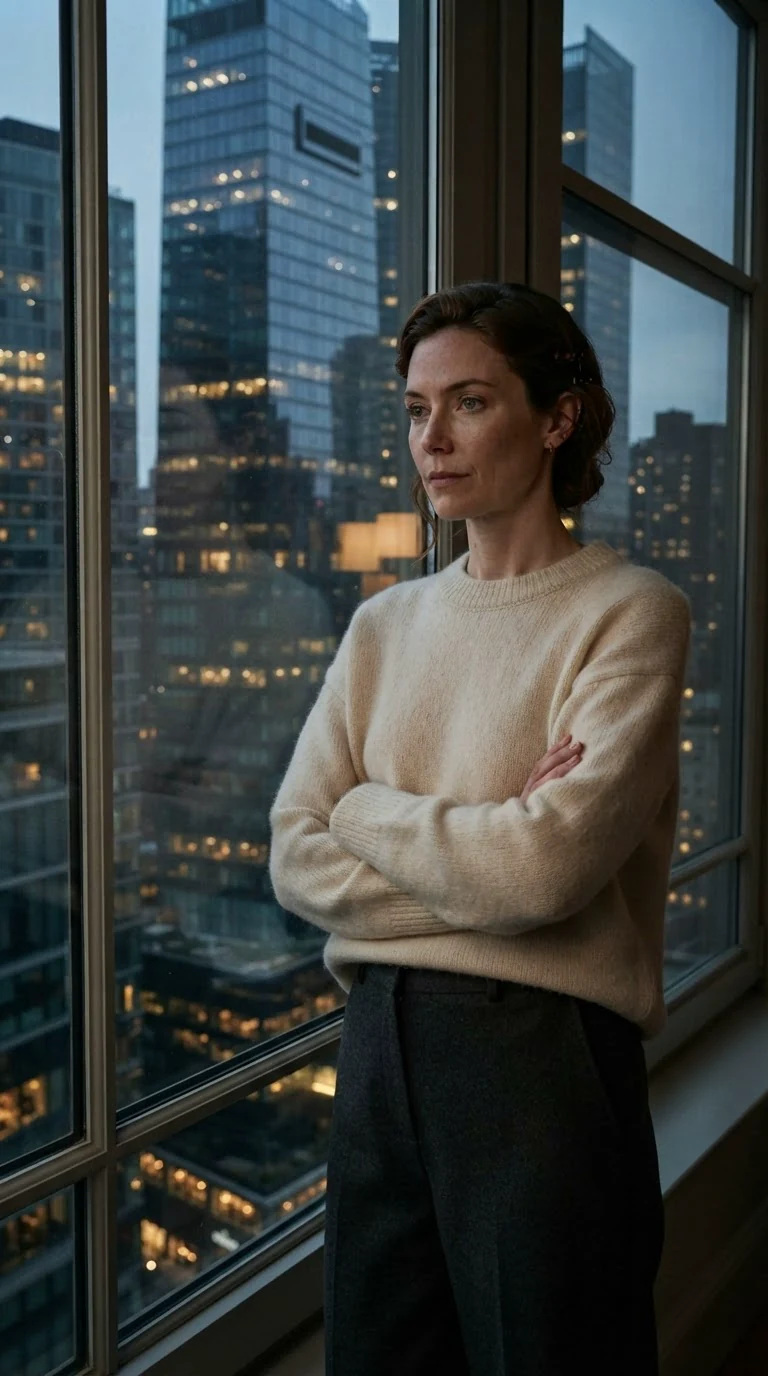 Calla stands at her townhouse window at night with her arms folded, city lights outside.