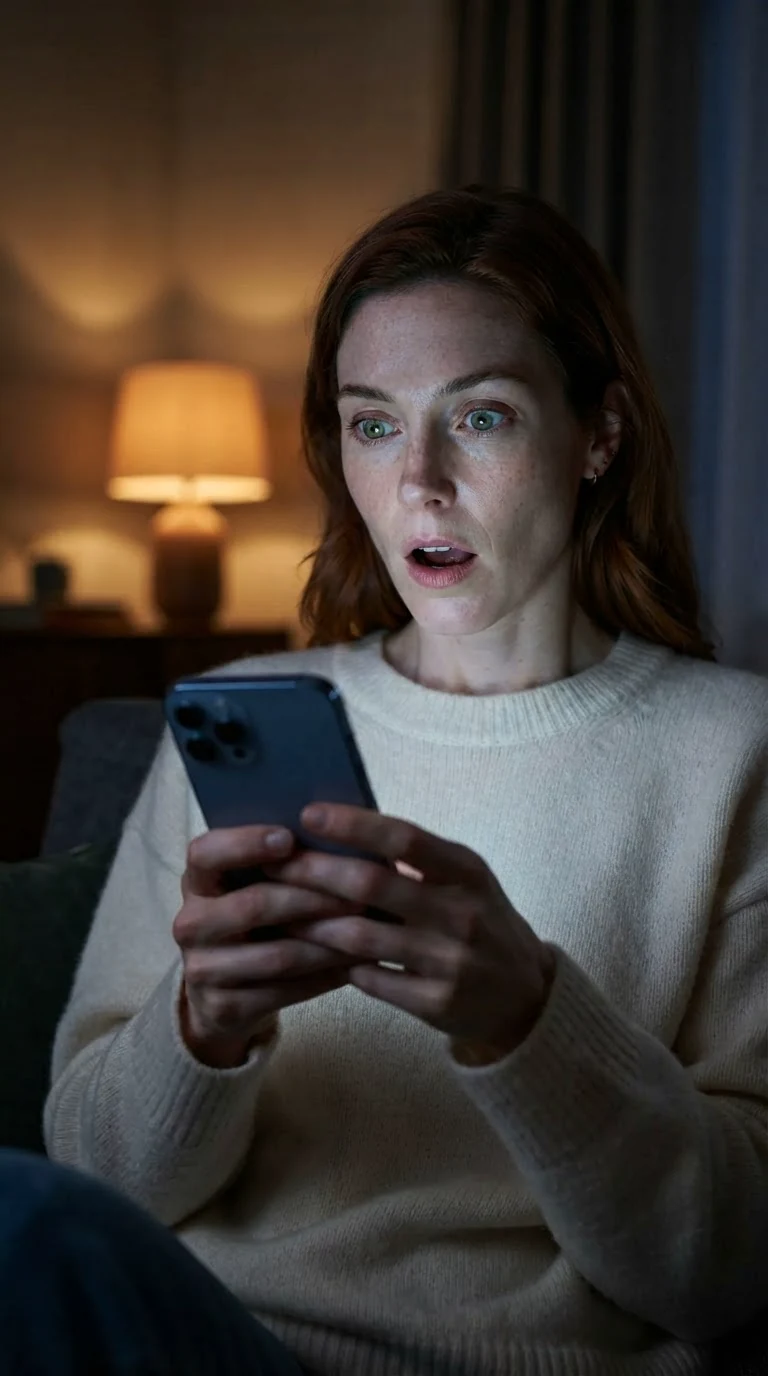 Calla sits on the couch in a dark living room, her face lit by the phone in her hand.