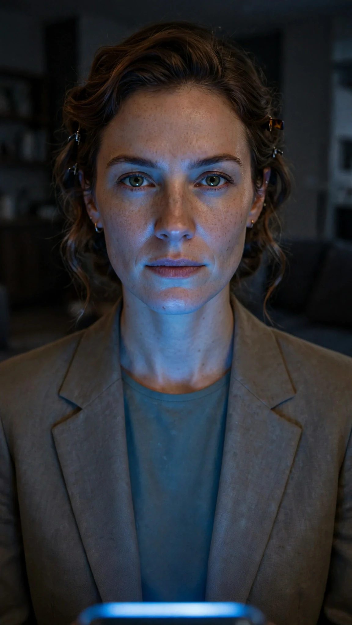 Close on Calla's face in phone light, her jaw set and her eyes hard.