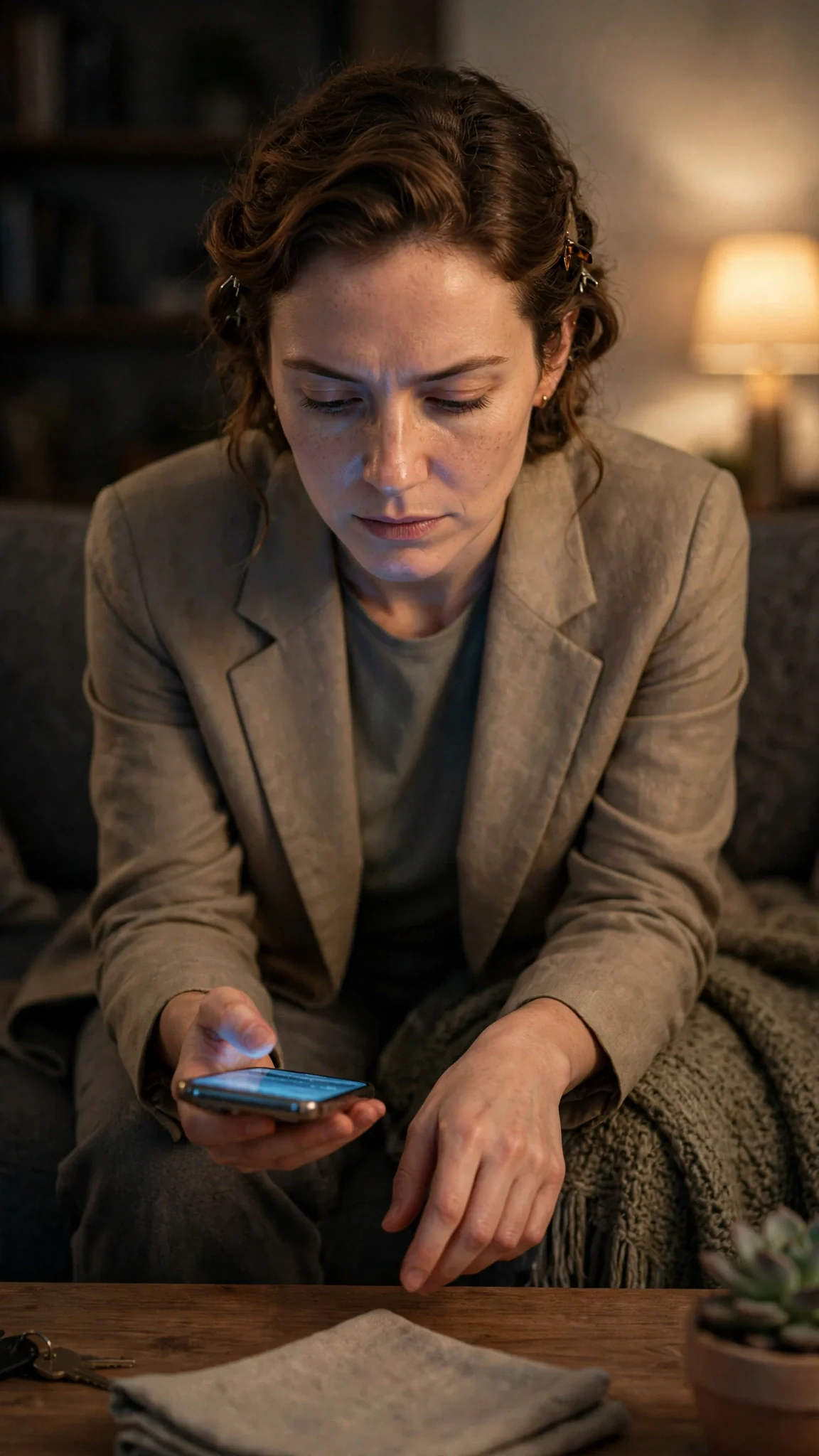 Calla types a reply on the couch, then sets the phone face down on the table.