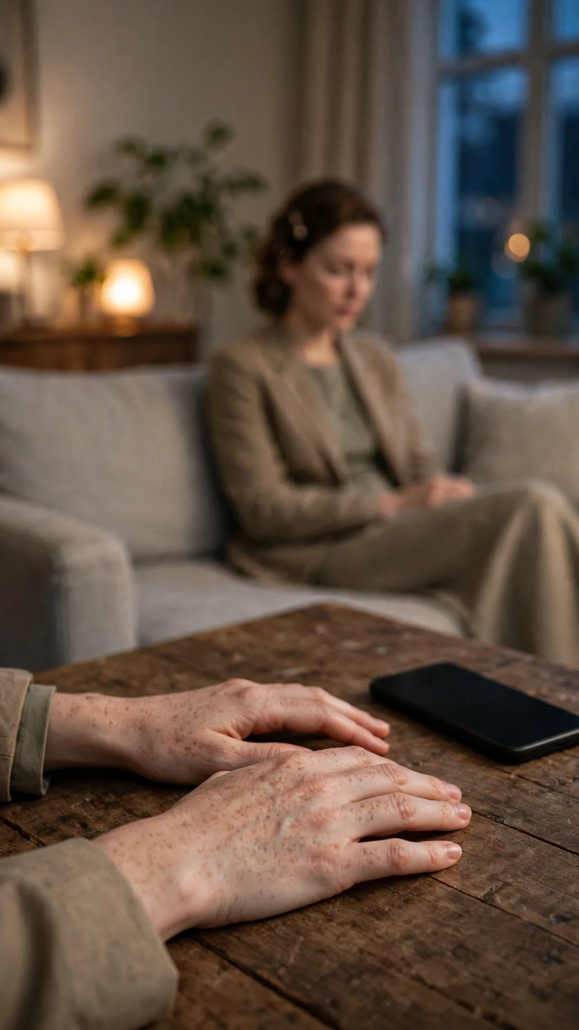 Calla's hands lie flat beside the face-down phone on the table, her fingers trembling slightly.