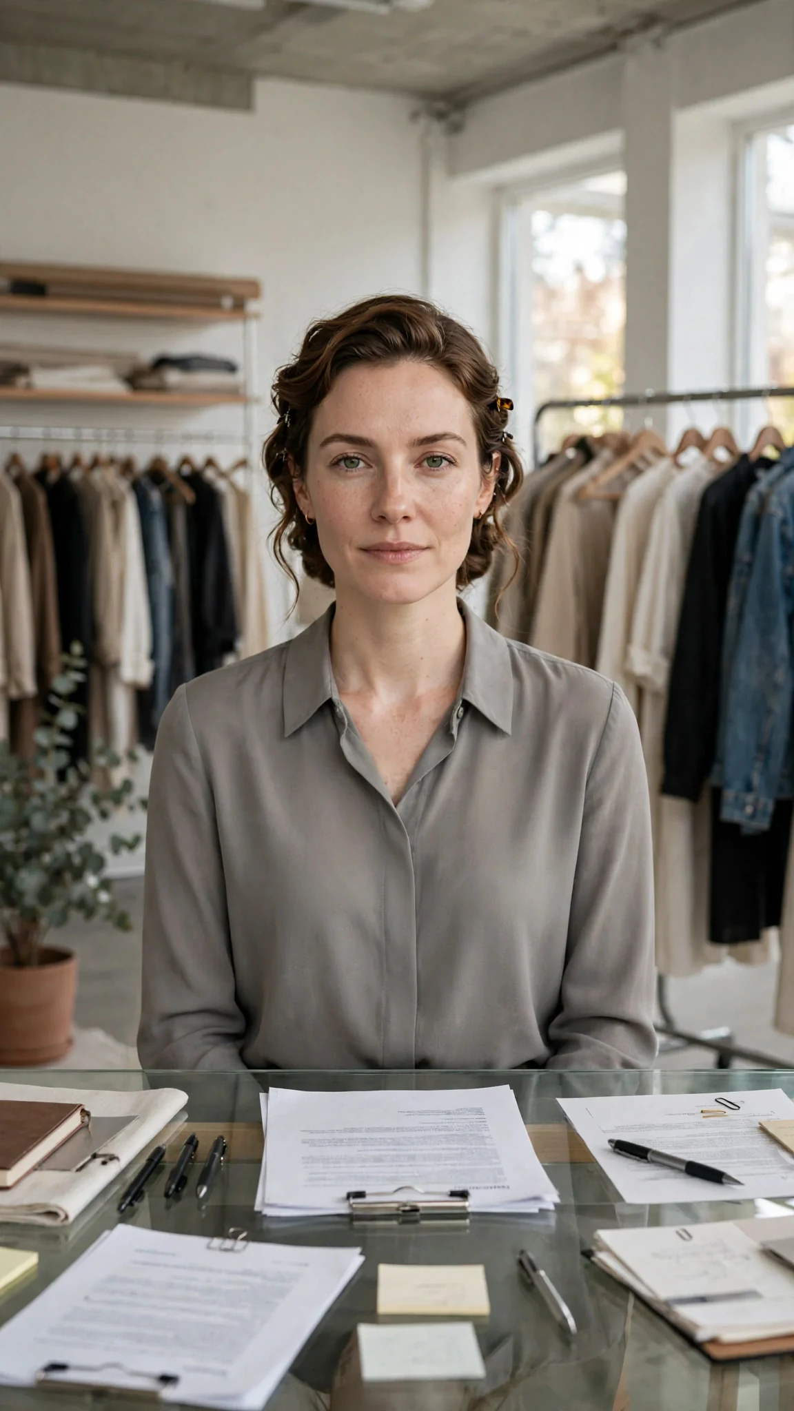 A woman in a tailored gray blouse stands at a glass table in a bright studio, contracts laid out before her.