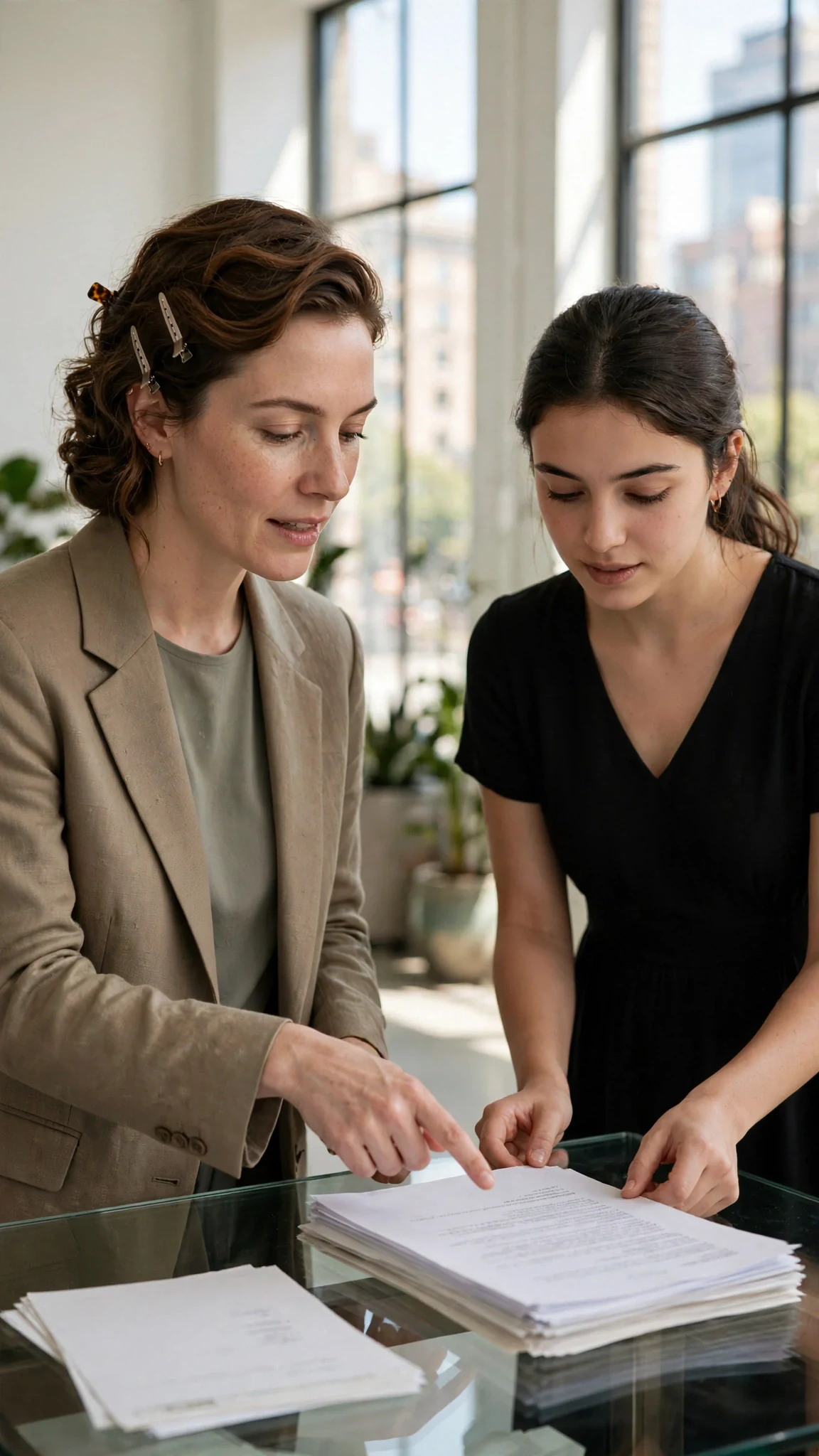 Two women arrange papers in a bright studio, the older one giving quiet orders.