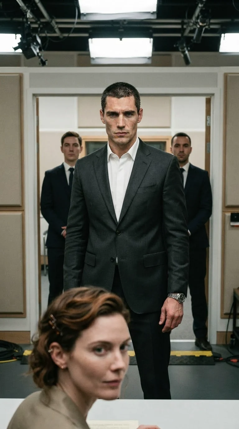A tall man in a dark suit stops in a studio doorway, staring at the woman at the table.