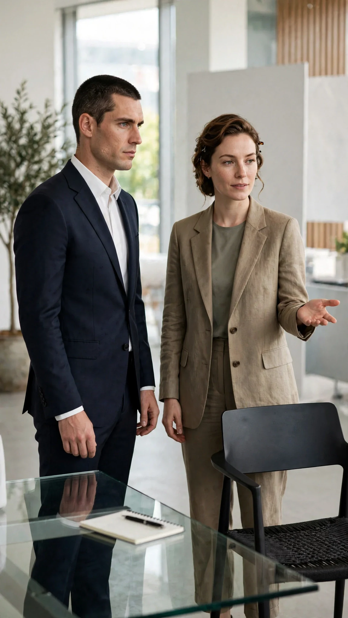 The man stands frozen, hands at his sides, as the woman gestures calmly to a chair.