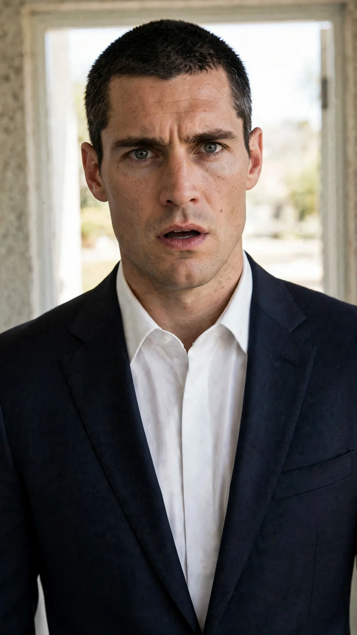 Close on a dark-haired man's stunned face, gray-blue eyes wide, in an office doorway.