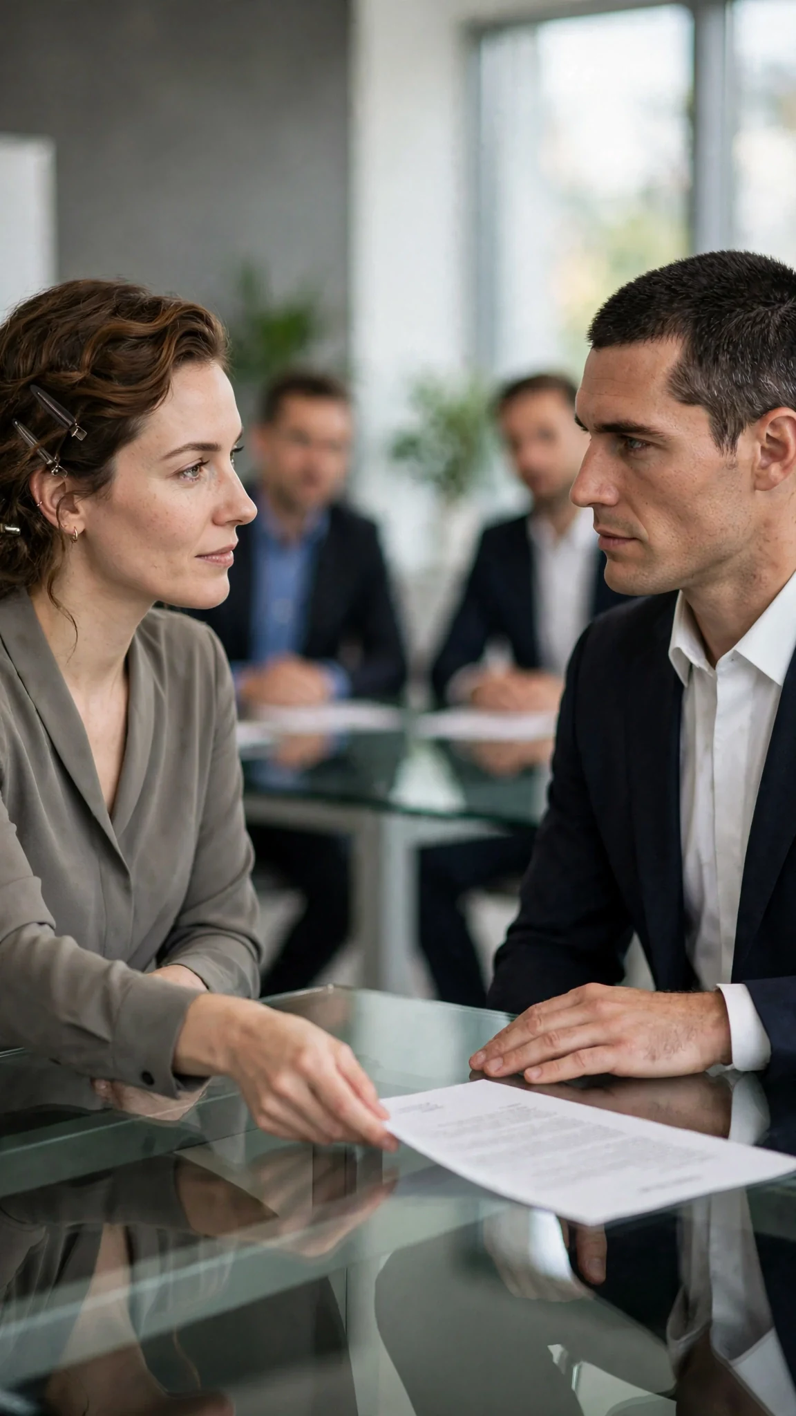 The woman sits at the head of the glass table, sliding a contract across to the seated man.