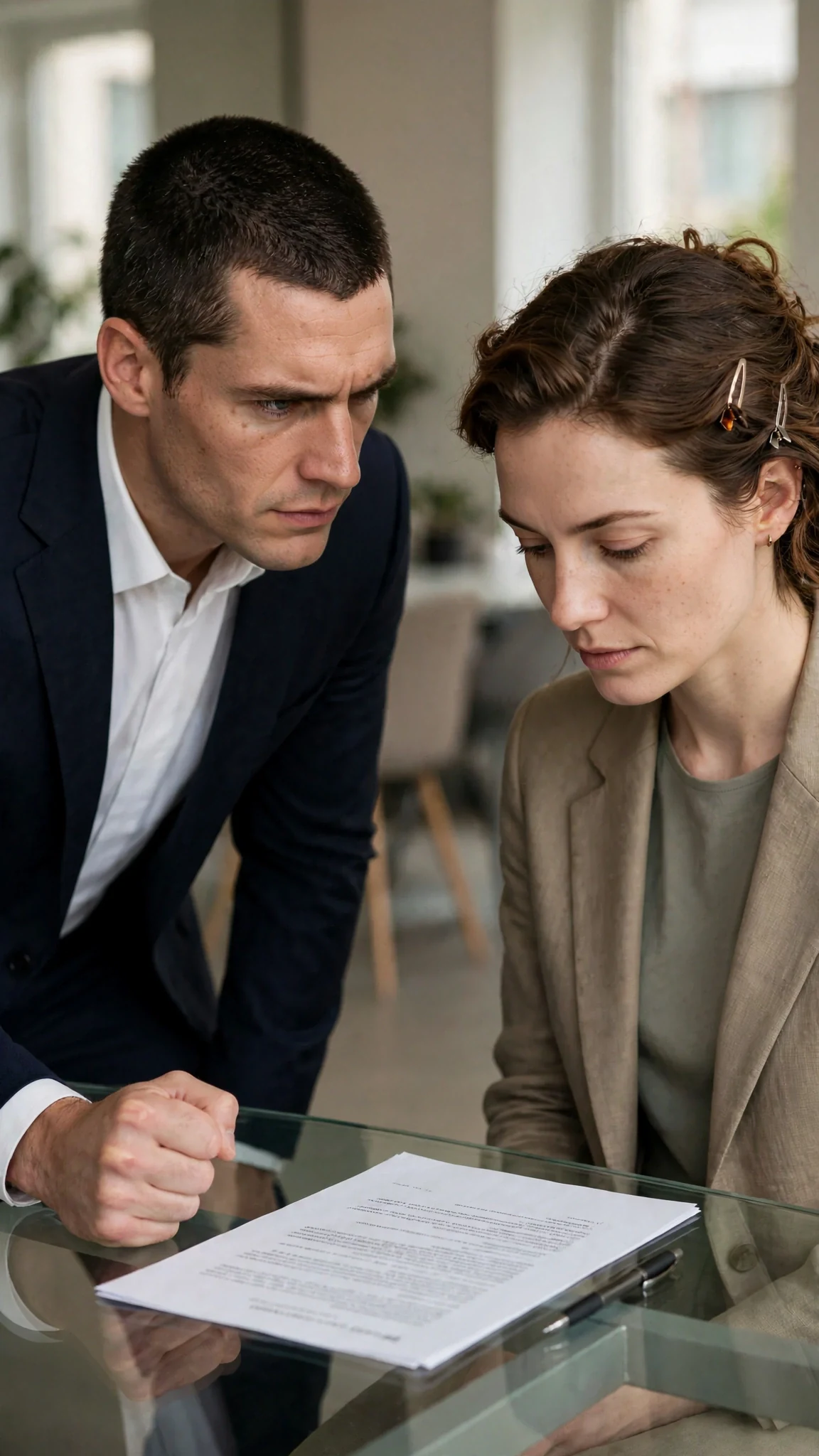 The man leans forward across the table, tense, while the woman keeps her eyes on her papers.