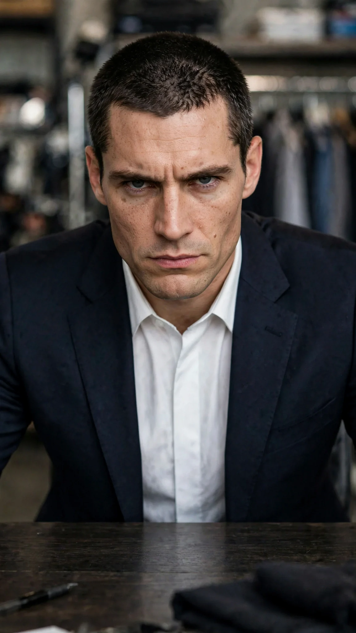 The man's face tightens as he speaks, harsh and low, across the table.