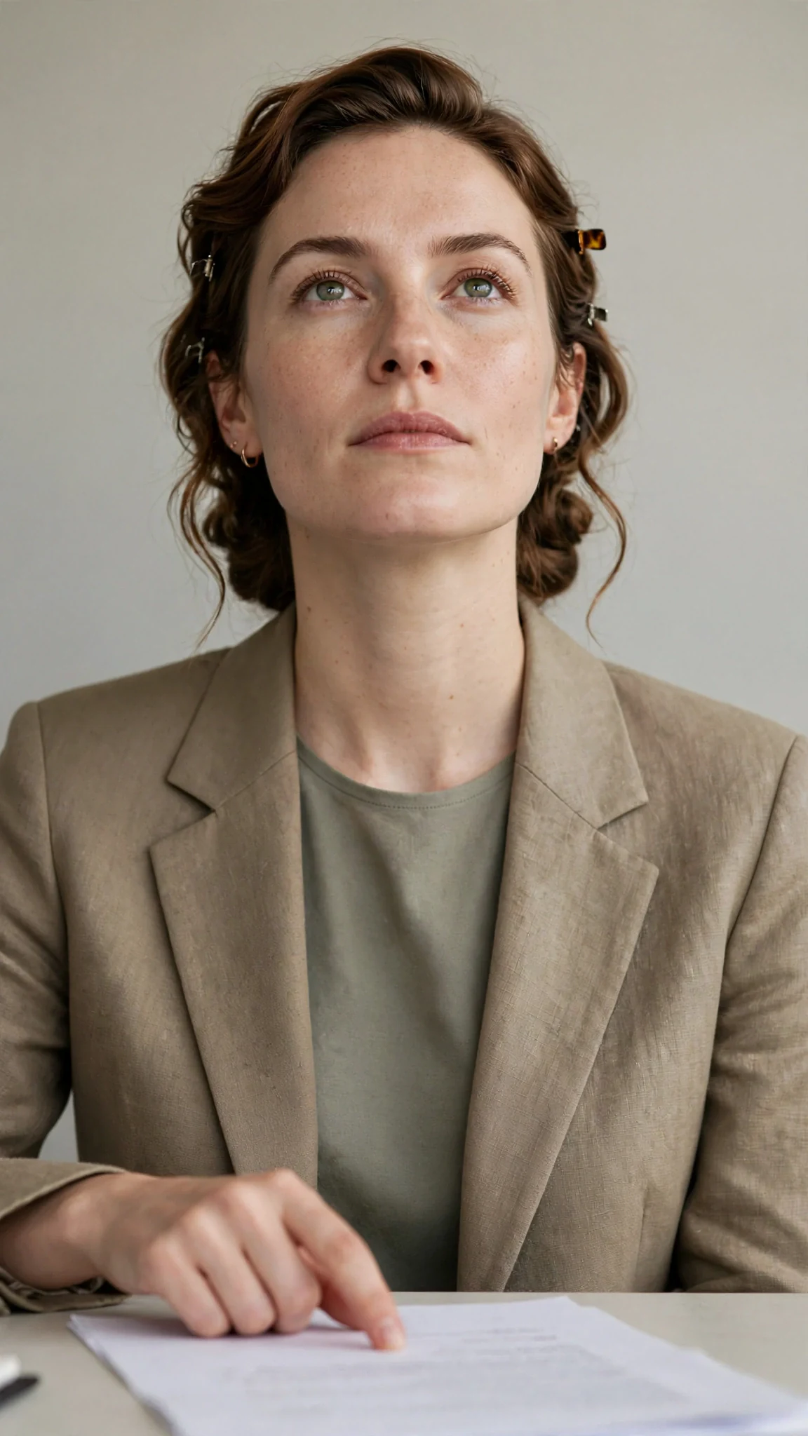 The woman lifts her chin, cool and steady, one finger on the contract.