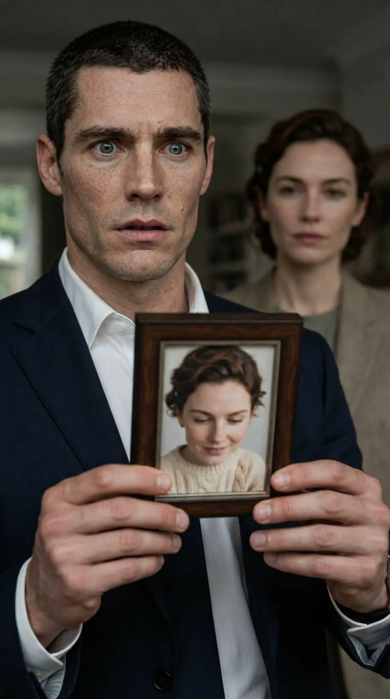 The man holds the small frame, staring at a child's picture, his face changed.