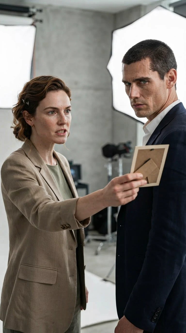 The woman reaches across the desk for the frame, but the man turns slightly away with it.