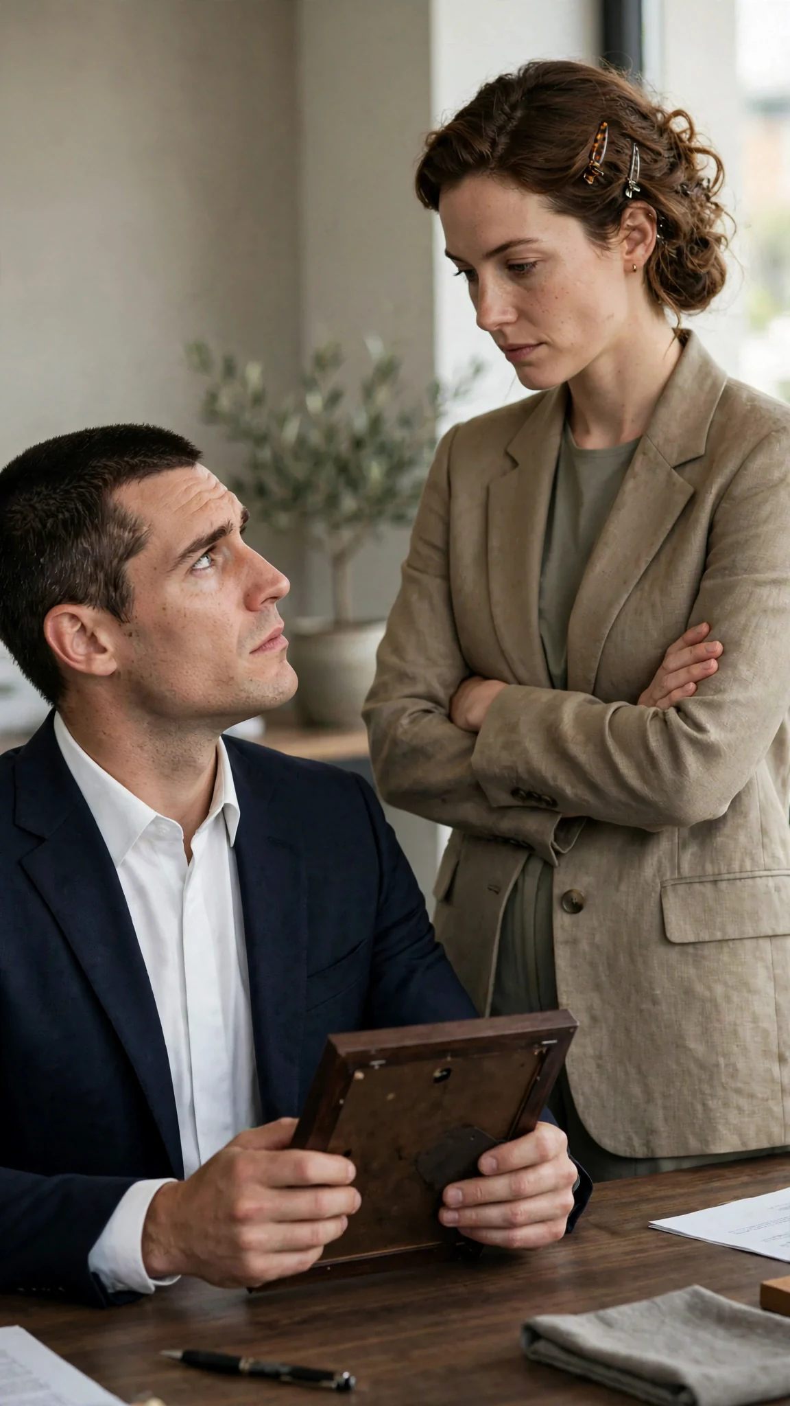 The man looks straight at the woman, holding the photo, his eyes demanding.