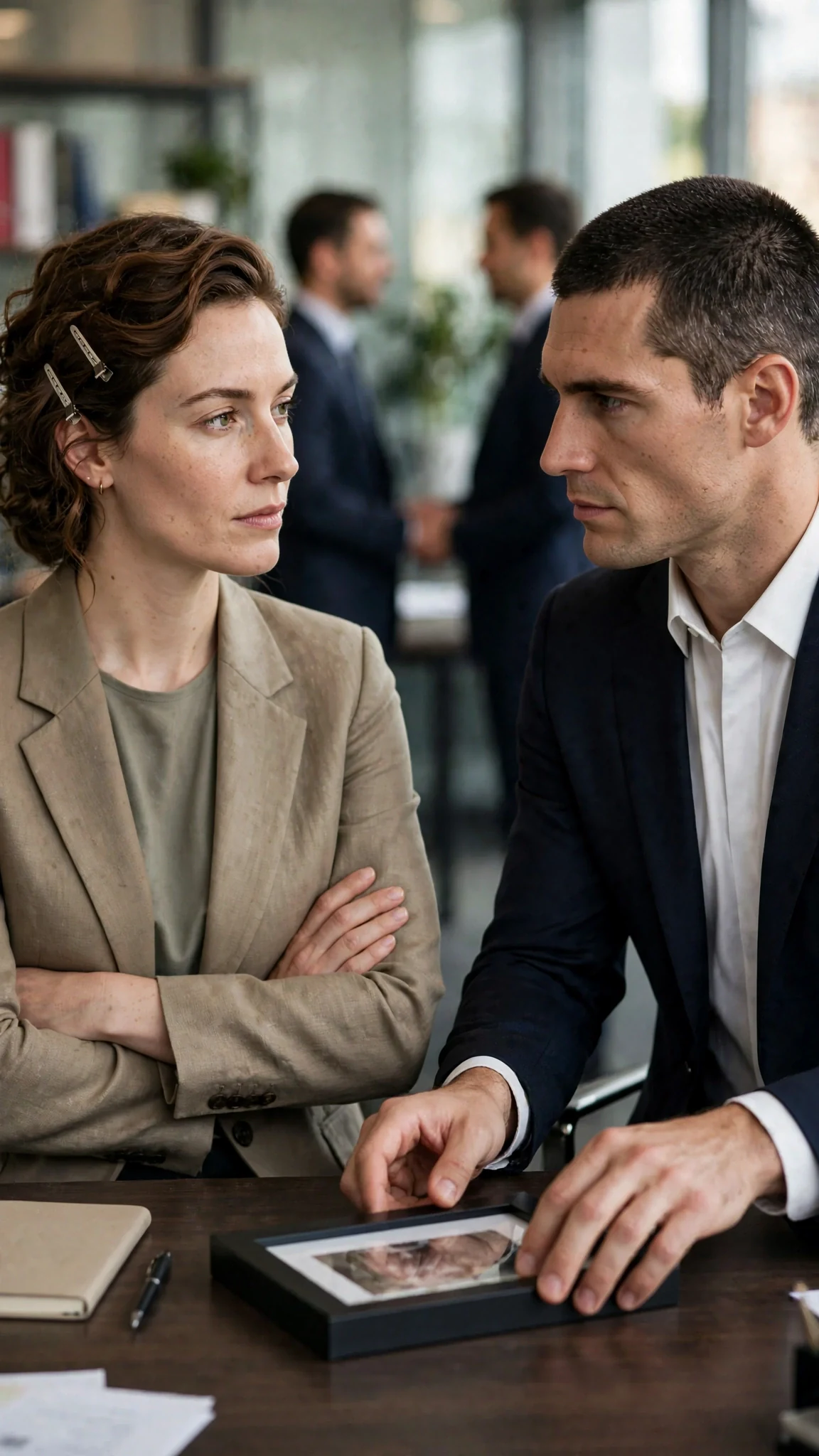 The woman stands perfectly still, arms folded, while the man sets the frame down hard.