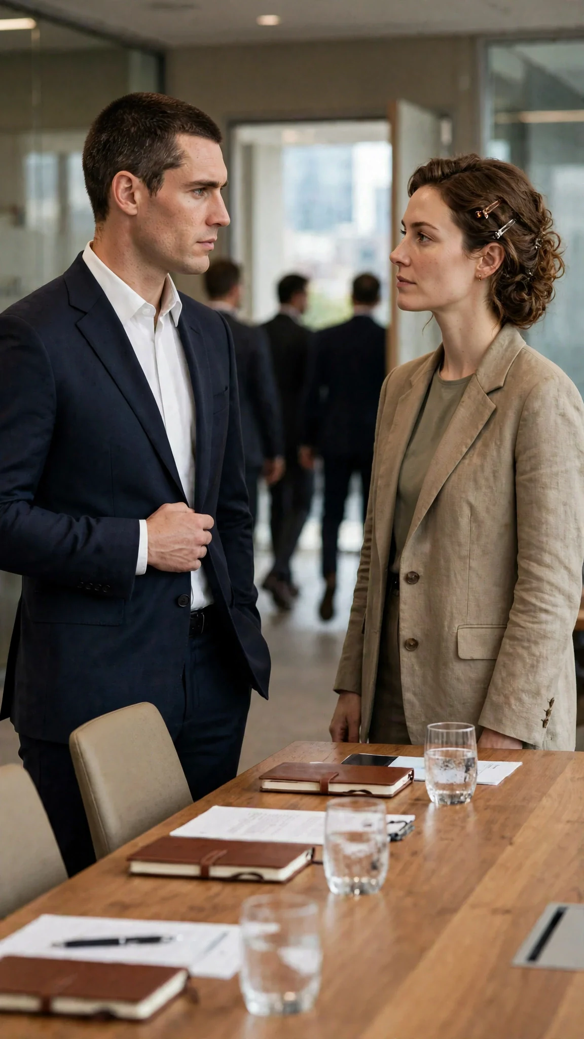 The man buttons his suit jacket, ready to leave, staring at the woman one last time.
