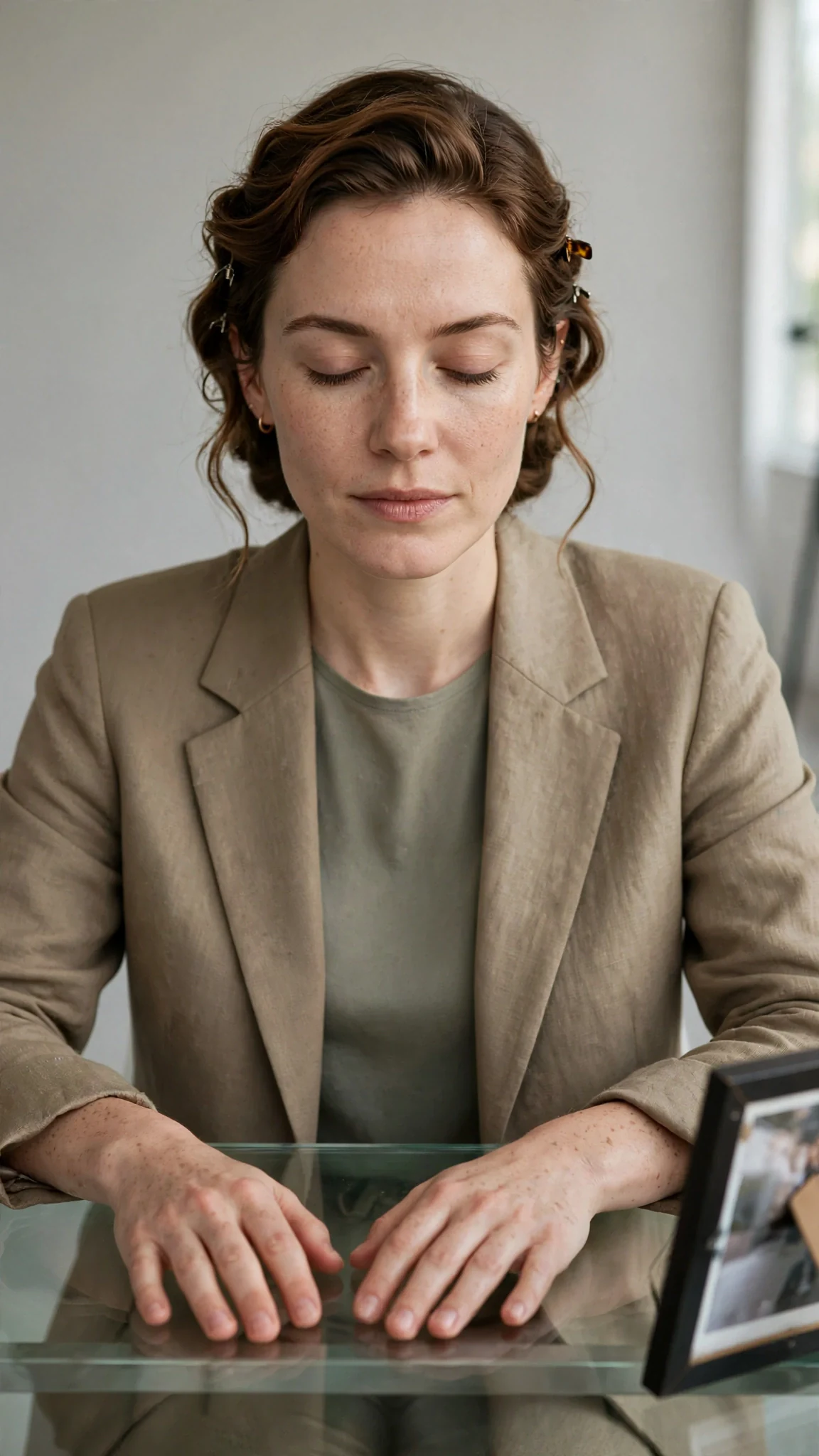 The woman alone in the bright studio, hands flat on the table, eyes closed.