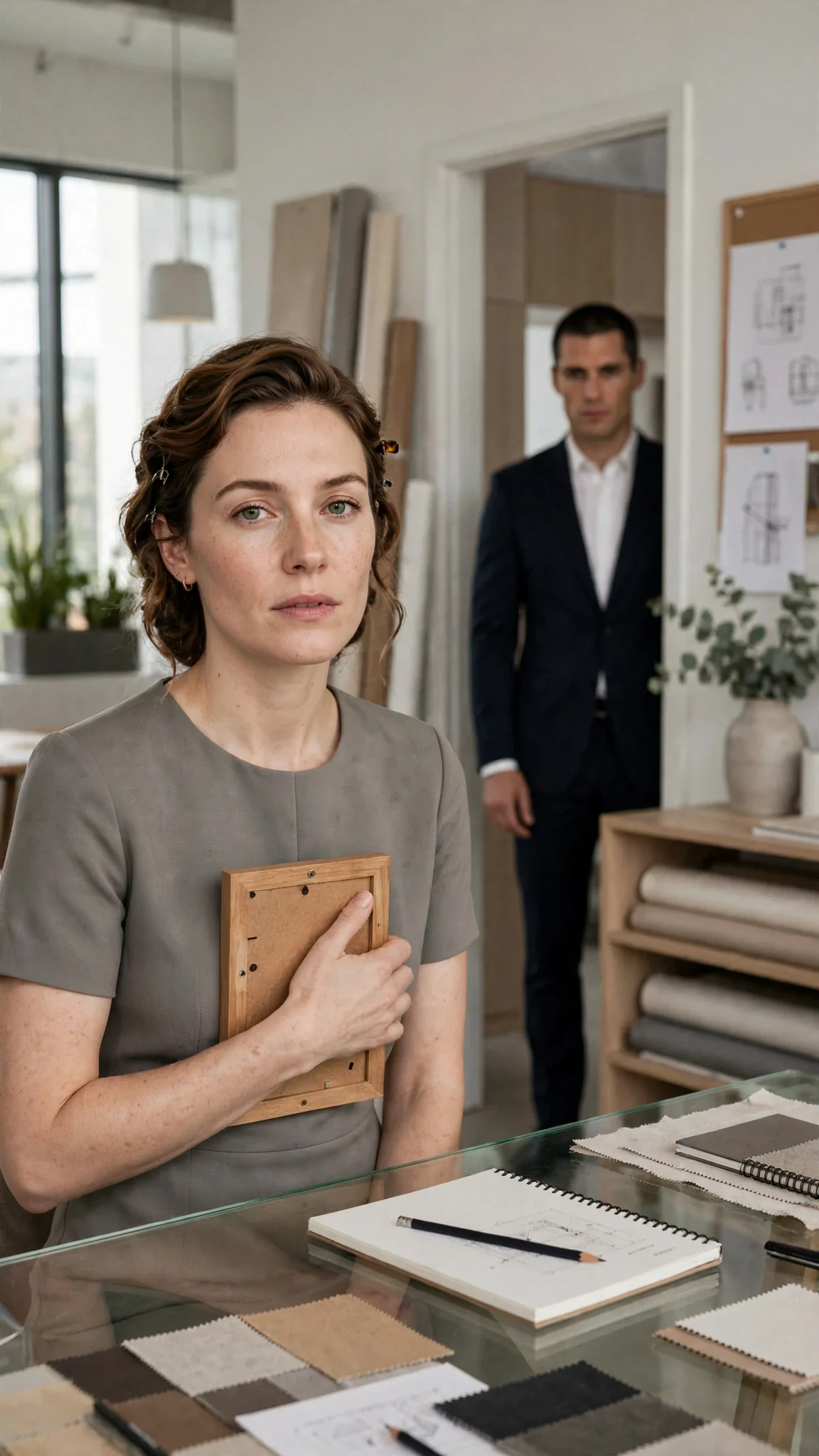 Calla stands behind her desk holding a small framed photo as Roman appears in the studio doorway.