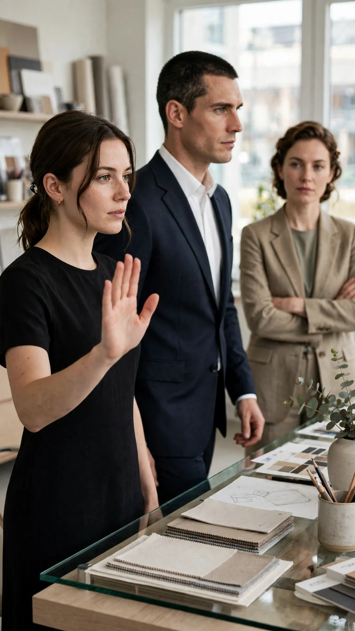 Roman walks past Calla's assistant toward the glass desk.
