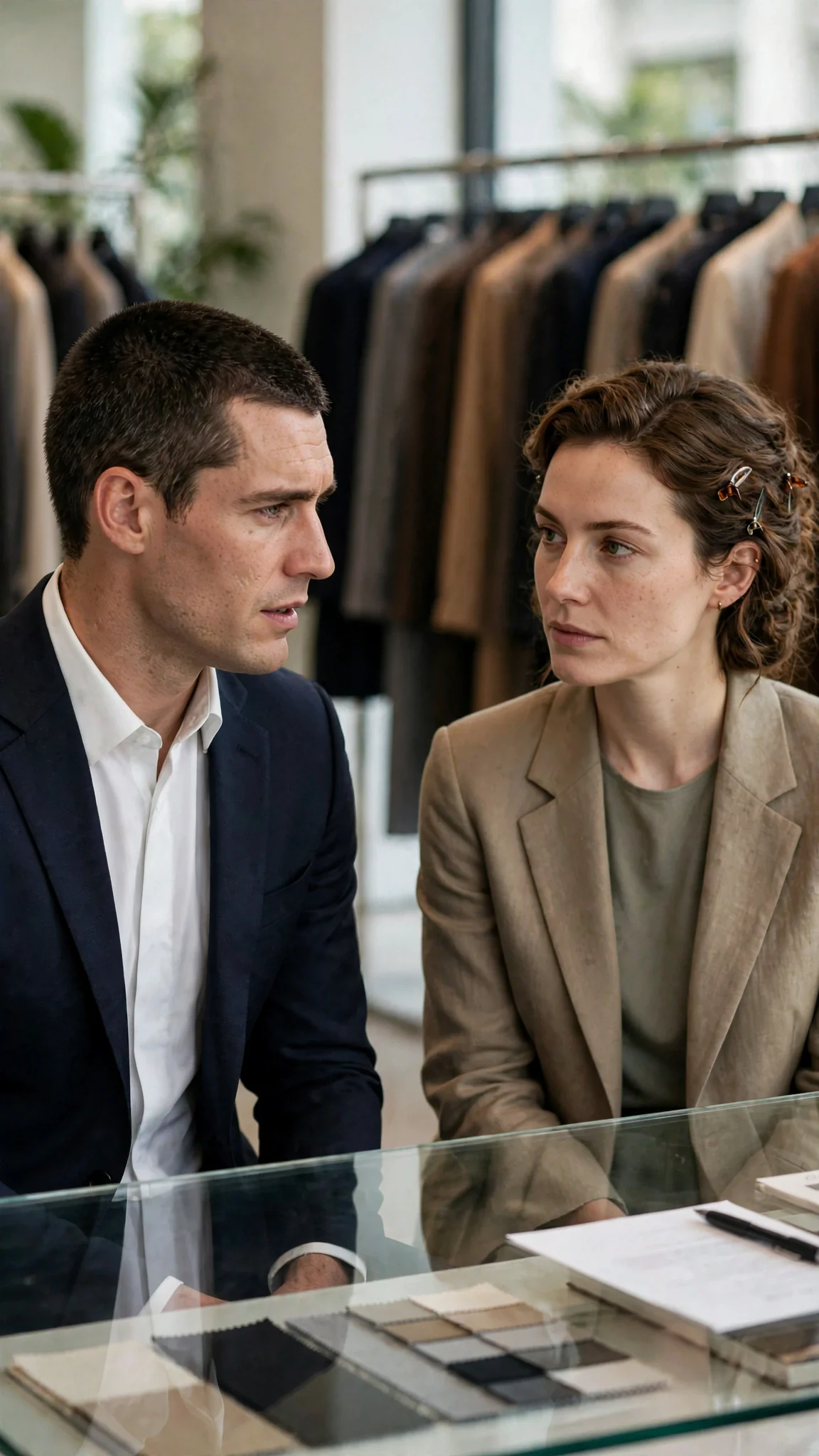 Roman stands before Calla's desk with a tense, honest expression.