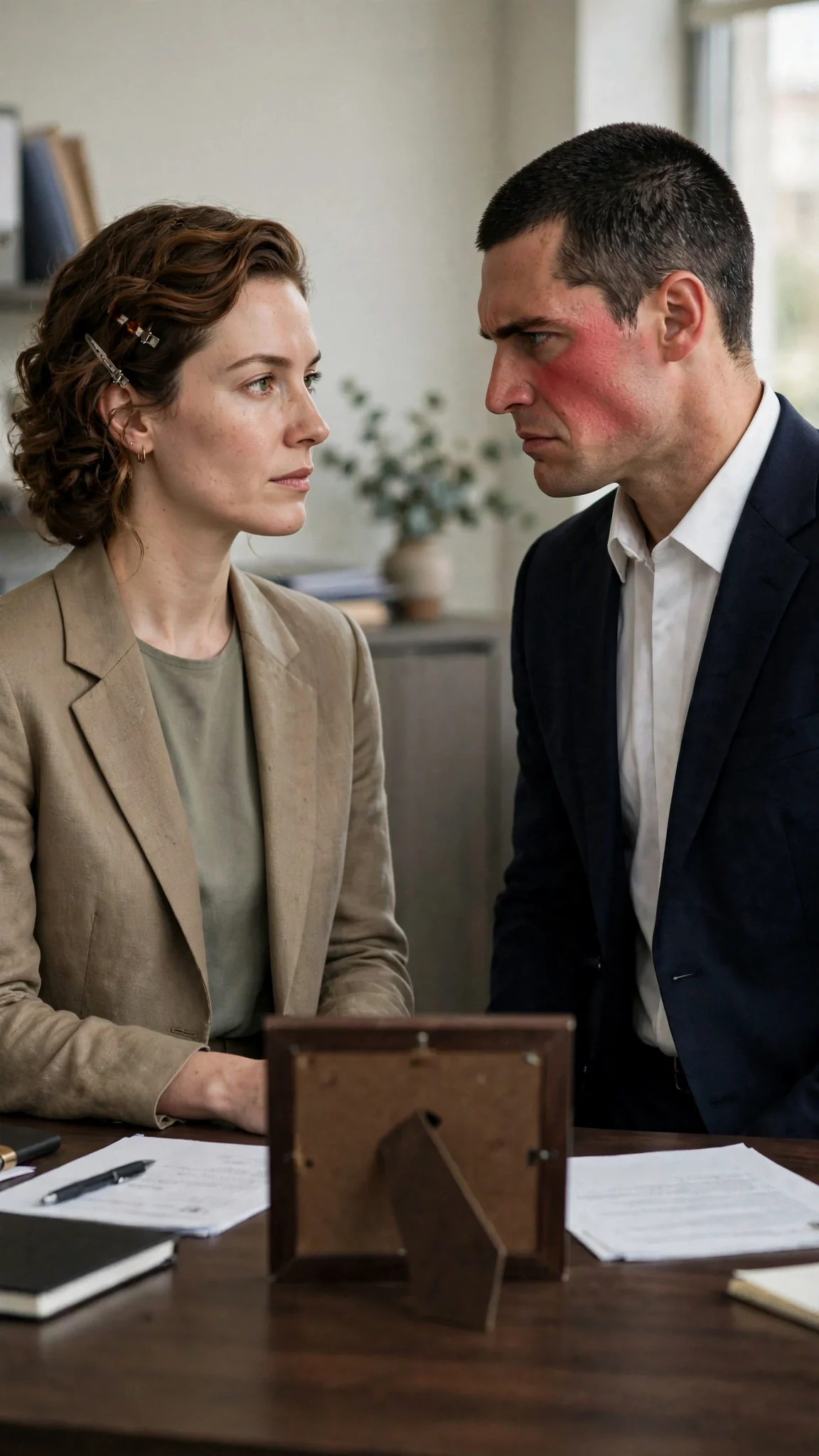 Calla denies Jamie is Roman's as Roman's face flushes.