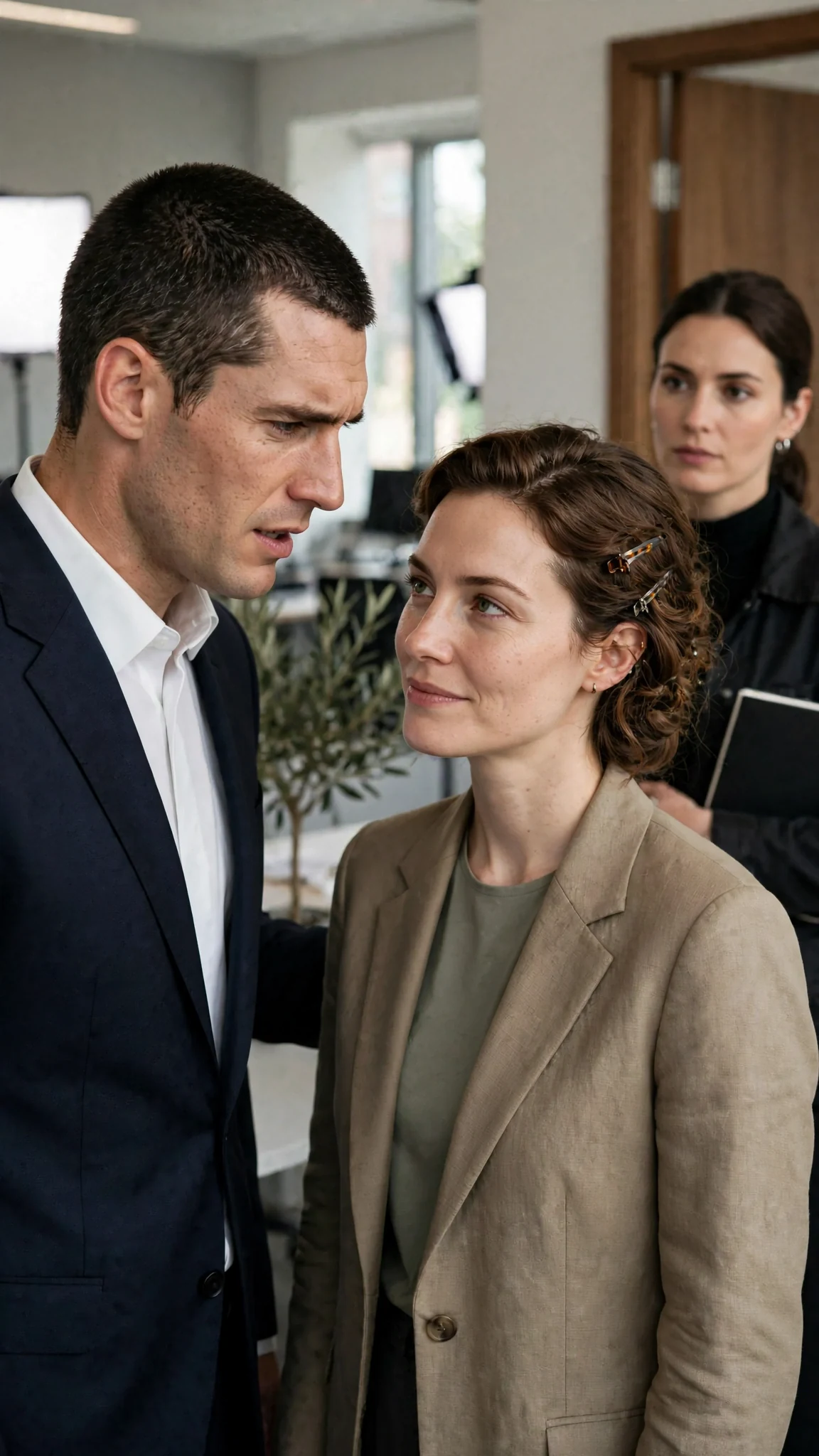 Calla smiles coldly as Roman makes a threat.