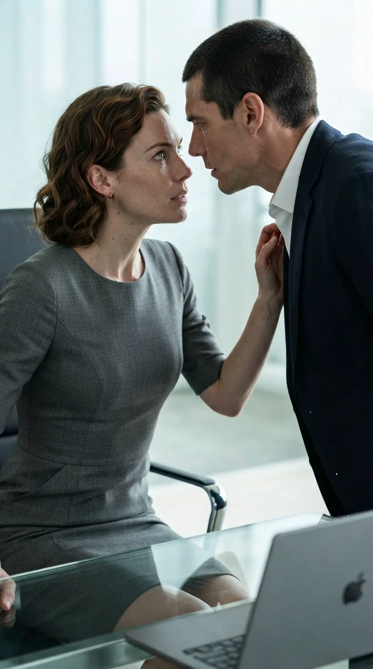 Calla and Roman stand close, tension thick before the kiss.