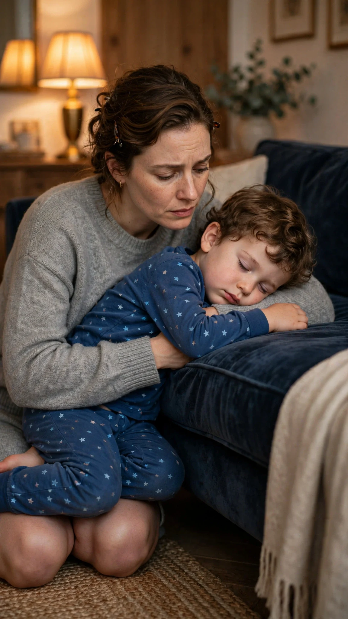 Calla kneels beside her couch at night, holding her small son in pajamas.