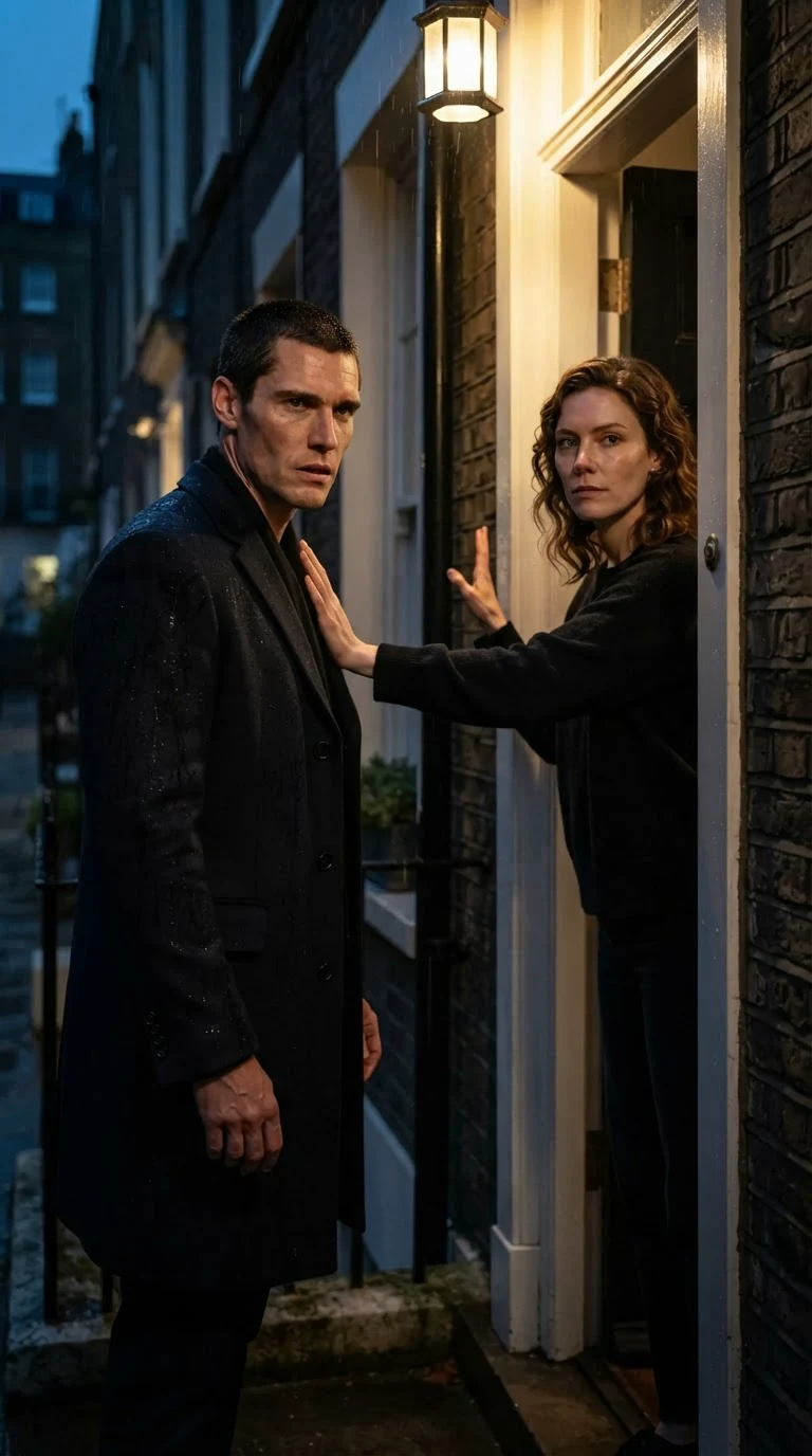 Roman stands in the porch light with rain in his hair as Calla blocks the door.
