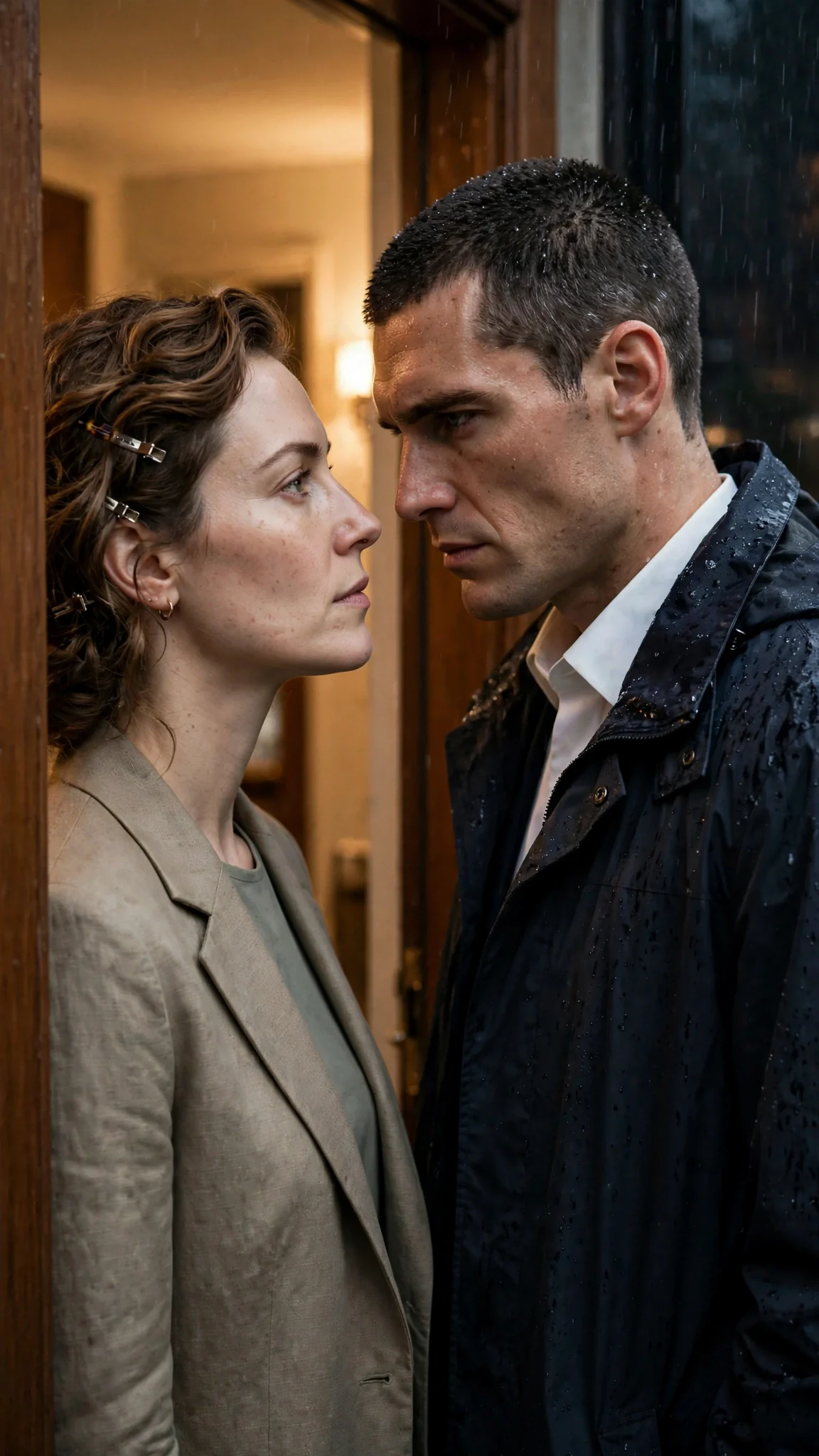Roman leans close to Calla in the doorway, both faces tense in profile.