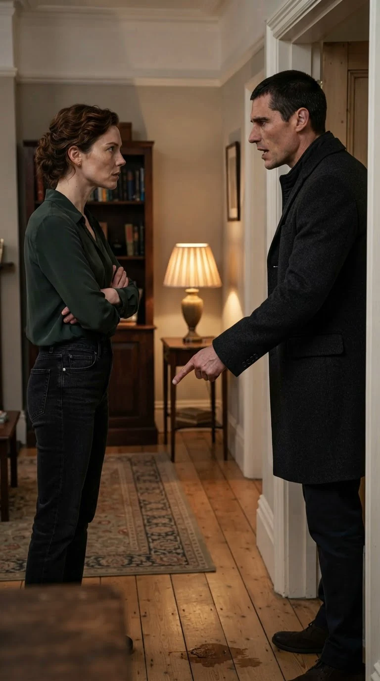 Roman walks past Calla into her living room and turns to face her.