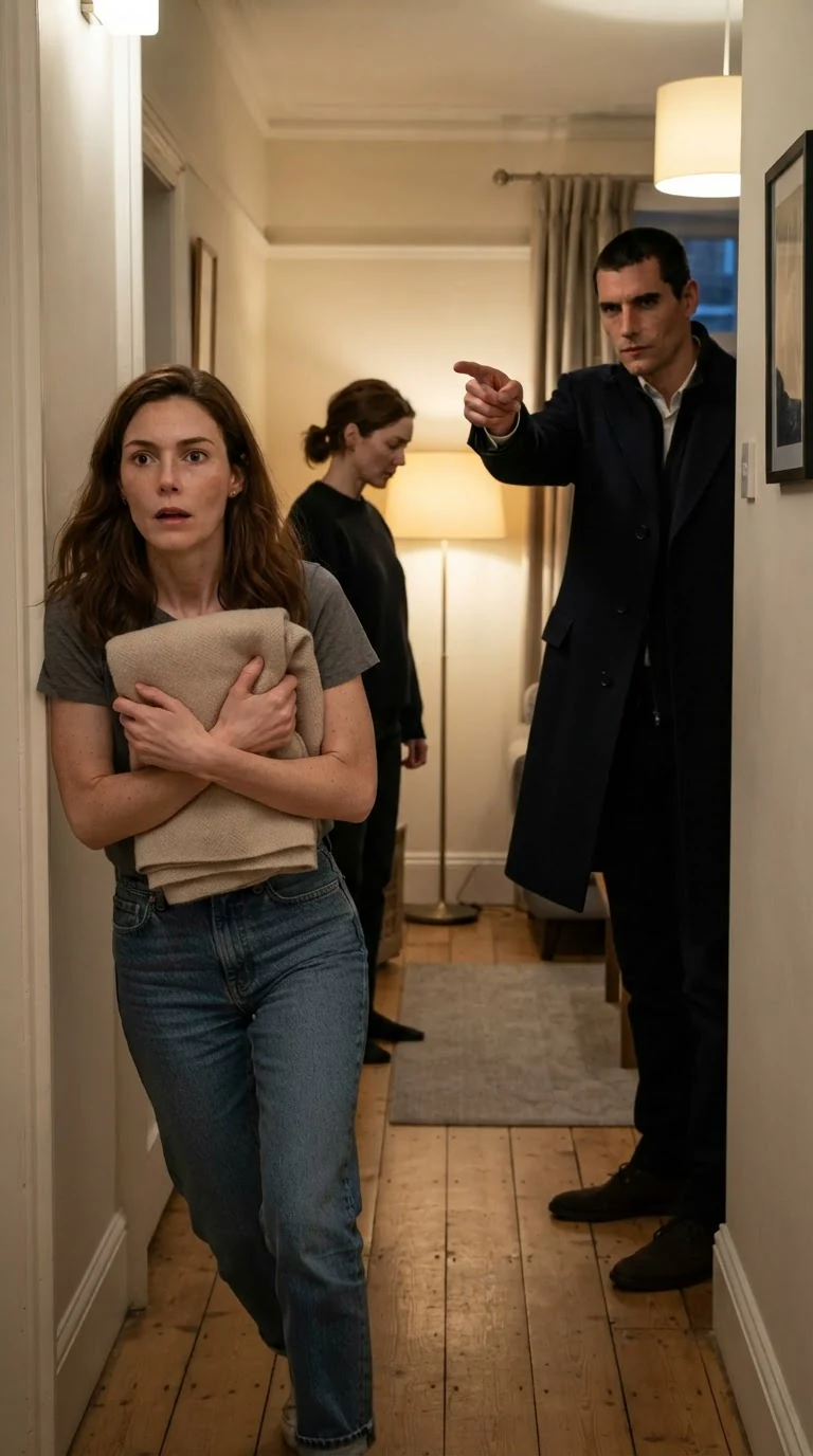A young sitter freezes in the hallway holding a child's blanket while Roman points past Calla.